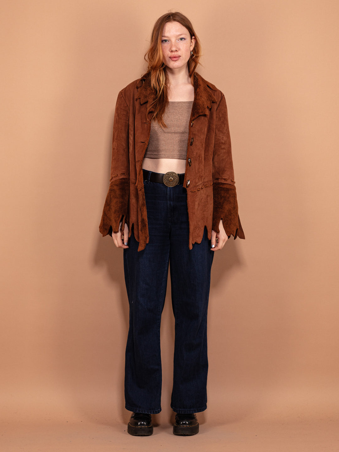 Vintage 90's Women Boho Faux Suede Jacket in Brown - NorthernGrip
