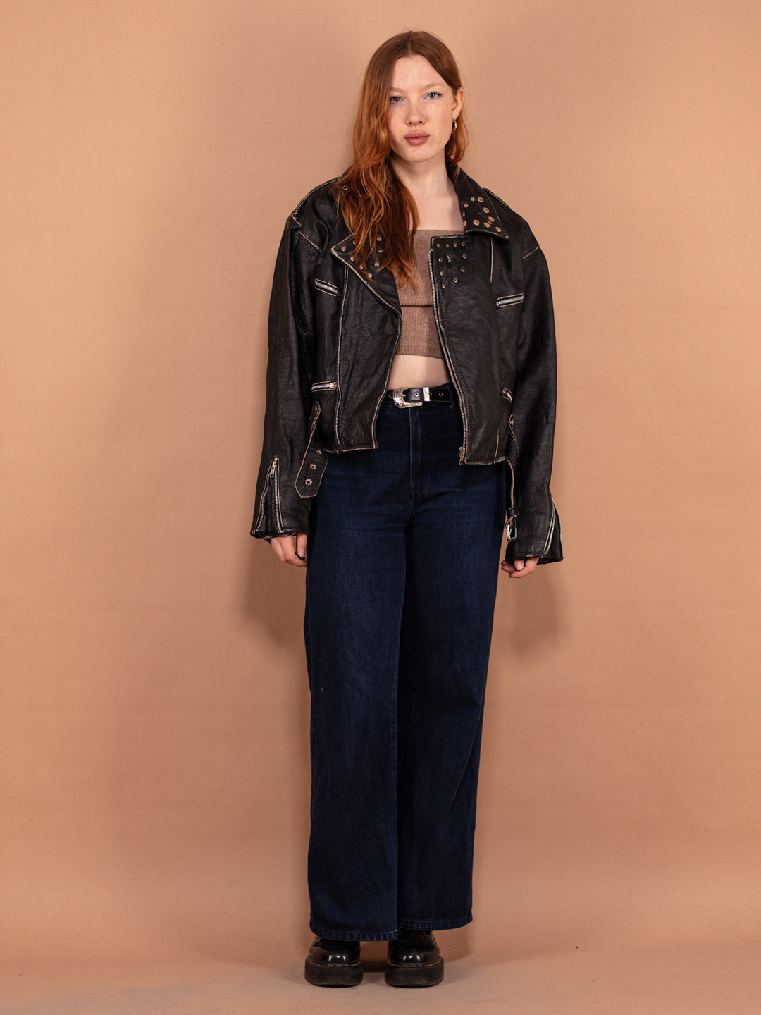 Vintage 90's Women Cropped Leather Moto Jacket in Black - NorthernGrip