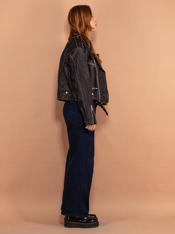 Vintage 90's Women Cropped Leather Moto Jacket in Black - NorthernGrip