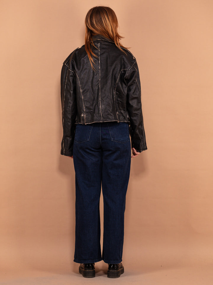 Vintage 90's Women Cropped Leather Moto Jacket in Black - NorthernGrip