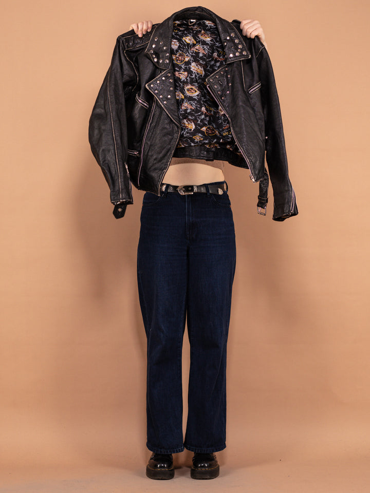 Vintage 90's Women Cropped Leather Moto Jacket in Black - NorthernGrip