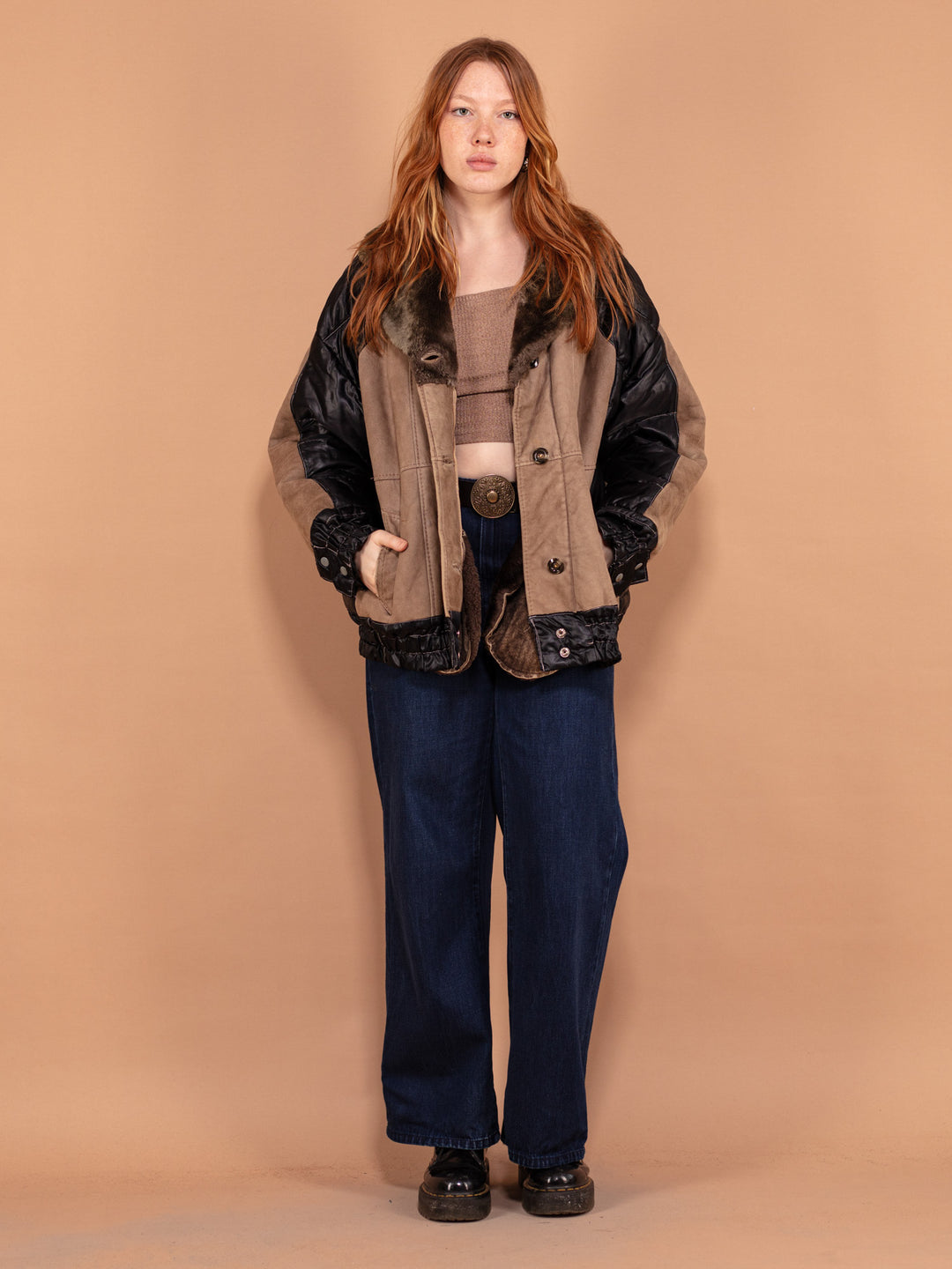Vintage 90's Women Sheepskin Puffer Jacket in Brown and Black - NorthernGrip