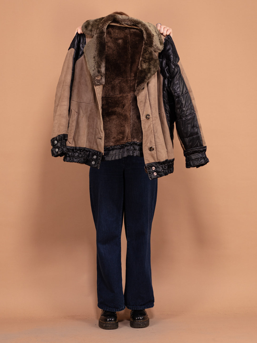 Vintage 90's Women Sheepskin Puffer Jacket in Brown and Black - NorthernGrip