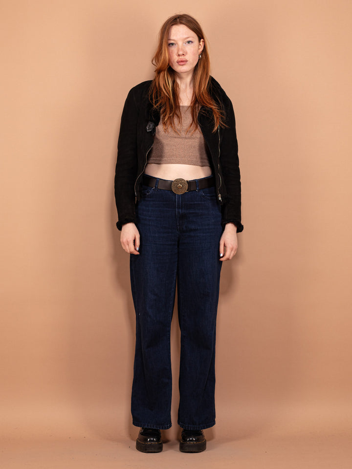 Vintage 90's Women Sheepskin Biker Jacket in Black - NorthernGrip