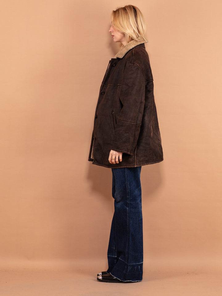 Vintage 90's Women Sheepskin Shearling Coat in Dark Brown - NorthernGrip