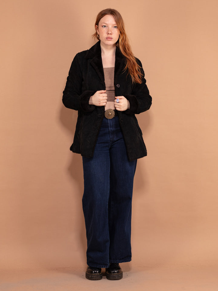 Vintage 90's Women Sherpa Lined Suede Coat in Black - NorthernGrip