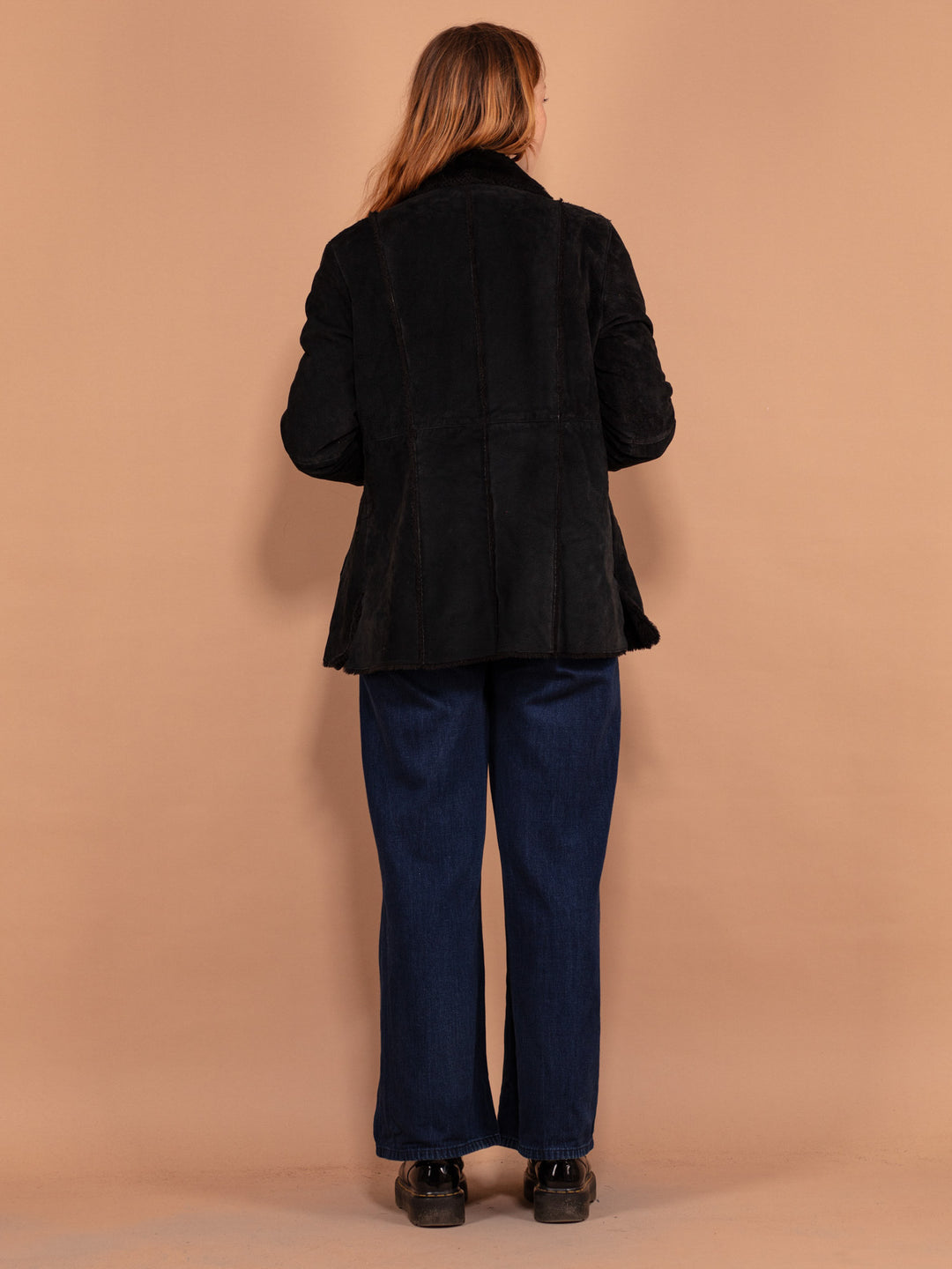 Vintage 90's Women Sherpa Lined Suede Coat in Black - NorthernGrip