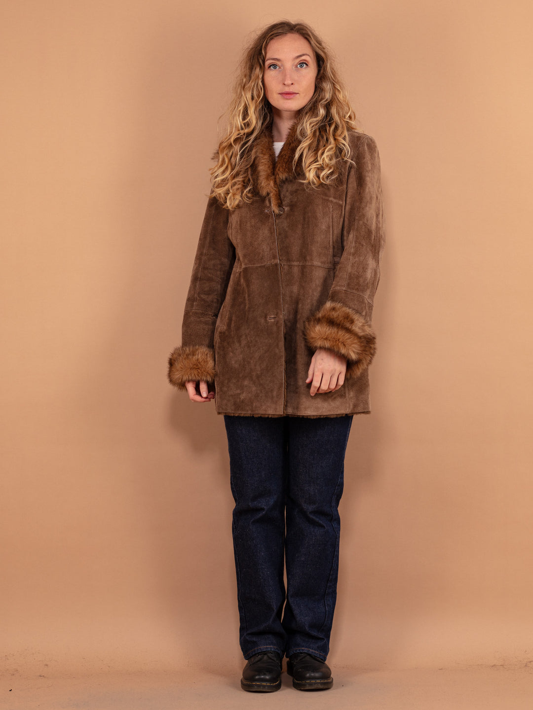 Vintage 90's Women Suede Sherpa Coat in Brown - NorthernGrip