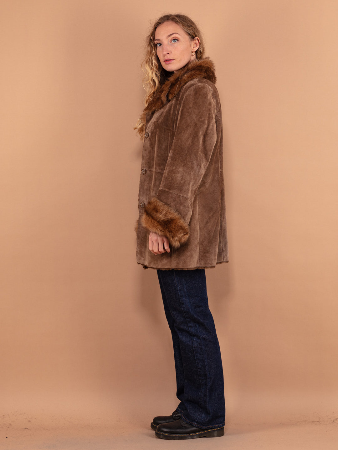 Vintage 90's Women Suede Sherpa Coat in Brown - NorthernGrip