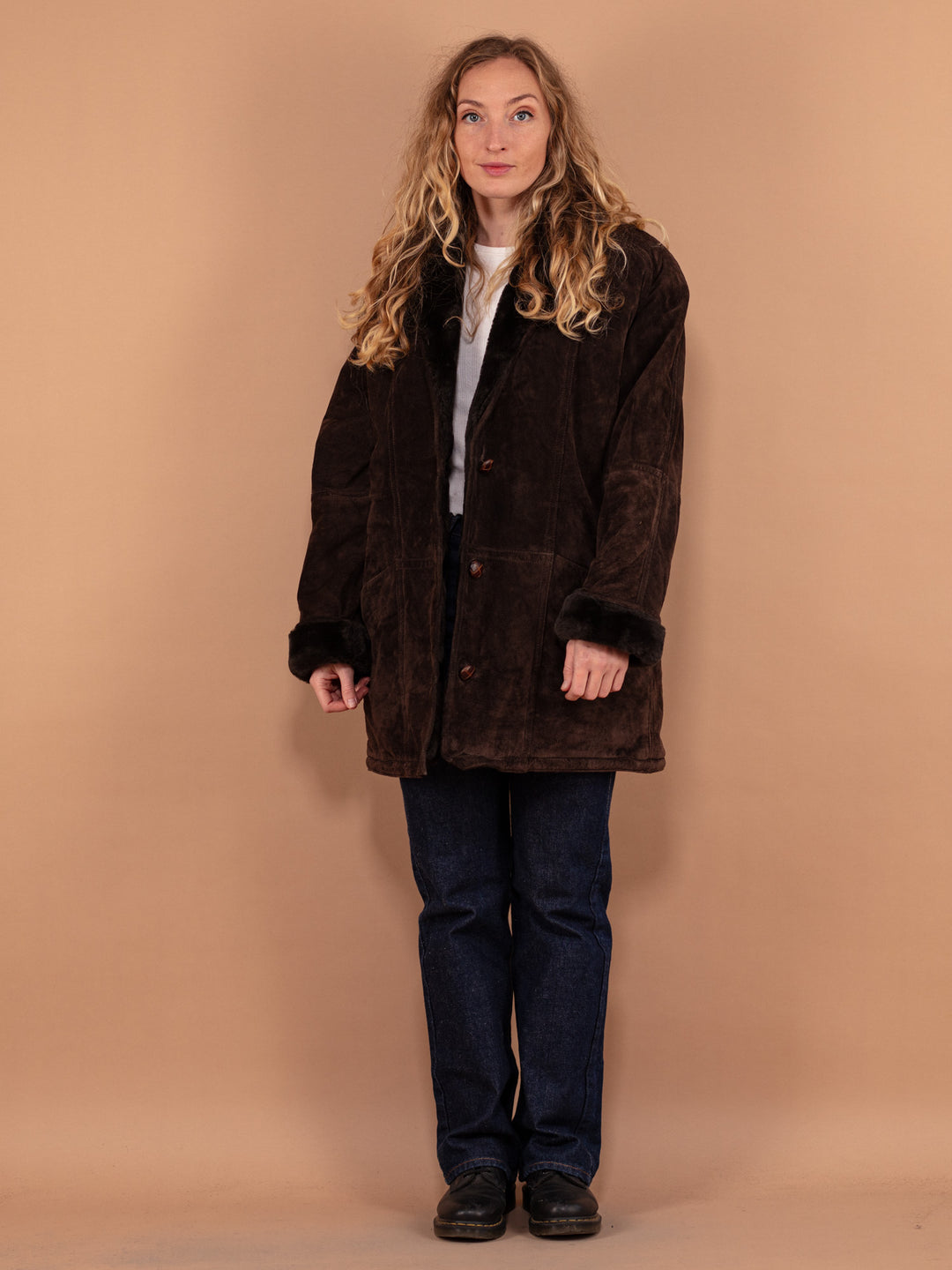 Vintage 90's Women Suede Sherpa Coat in Dark Brown - NorthernGrip