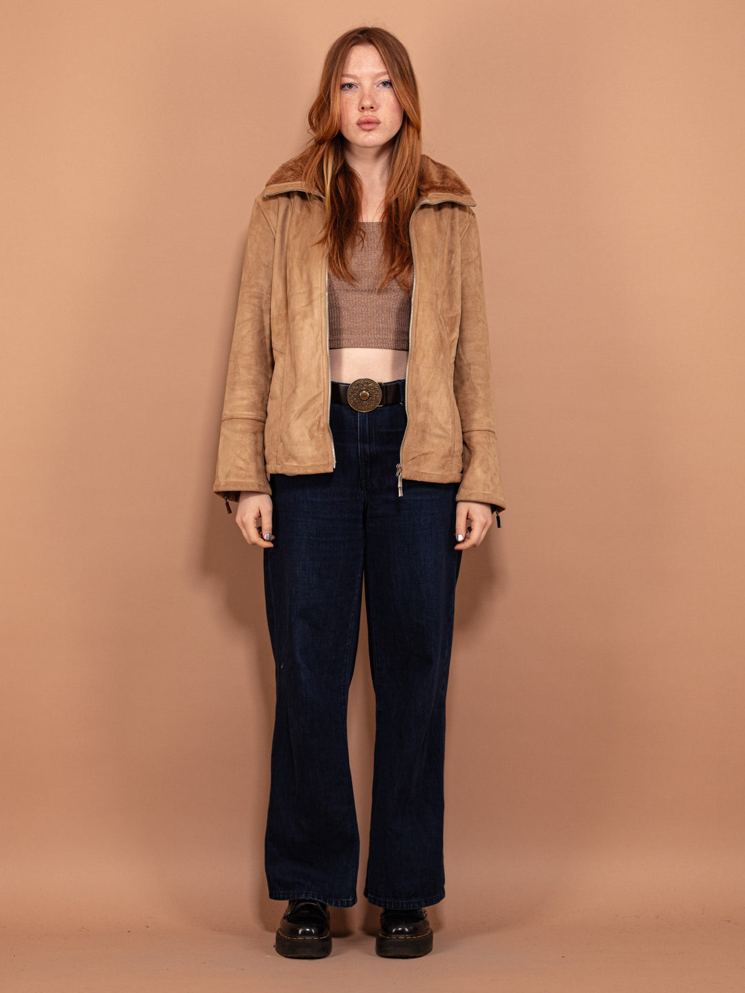 Vintage 90's Women Zip Up Faux Shearling Jacket in Beige - NorthernGrip