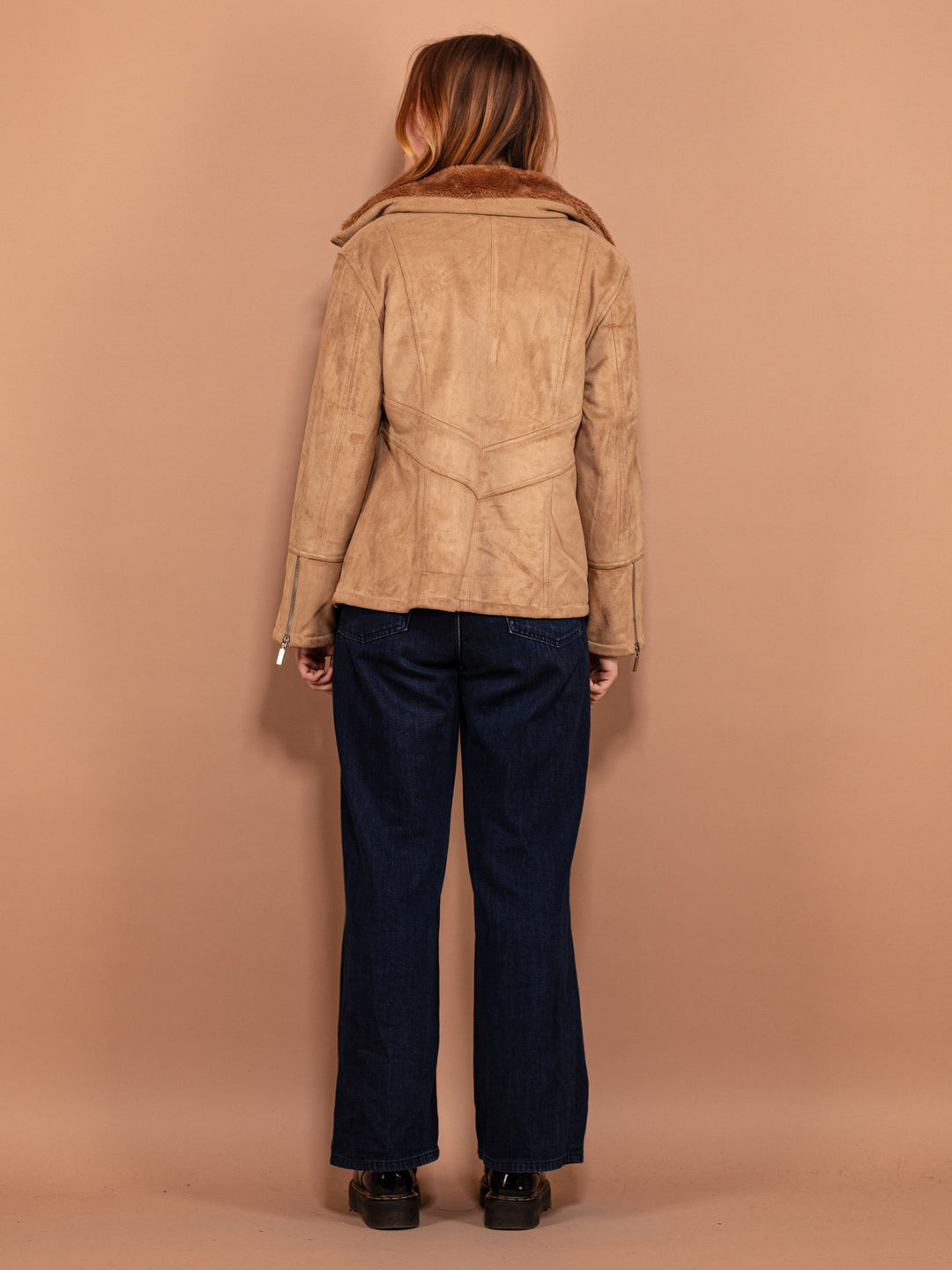 Vintage 90's Women Zip Up Faux Shearling Jacket in Beige - NorthernGrip