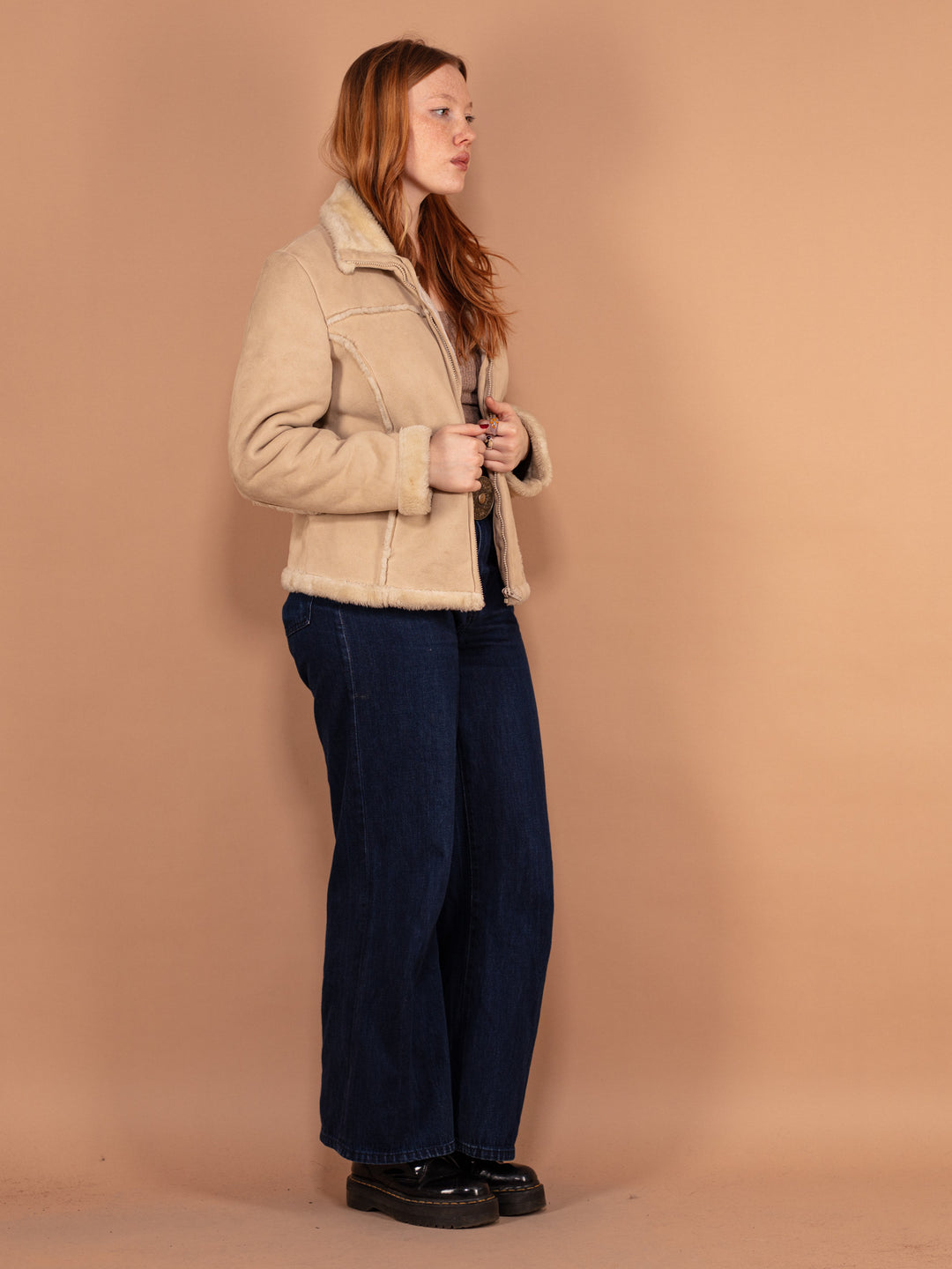 Vintage 00's Women Sherpa Lined Jacket in Beige - NorthernGrip