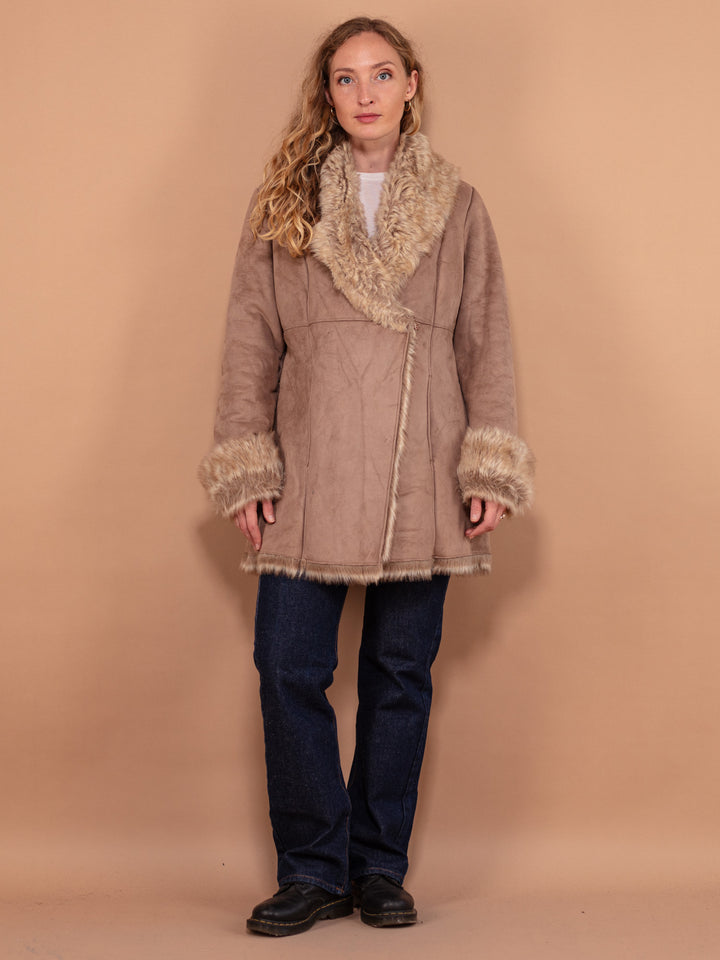 Vintage 00's Women Penny Lane Style Faux Sheepskin Coat in Taupe - NorthernGrip