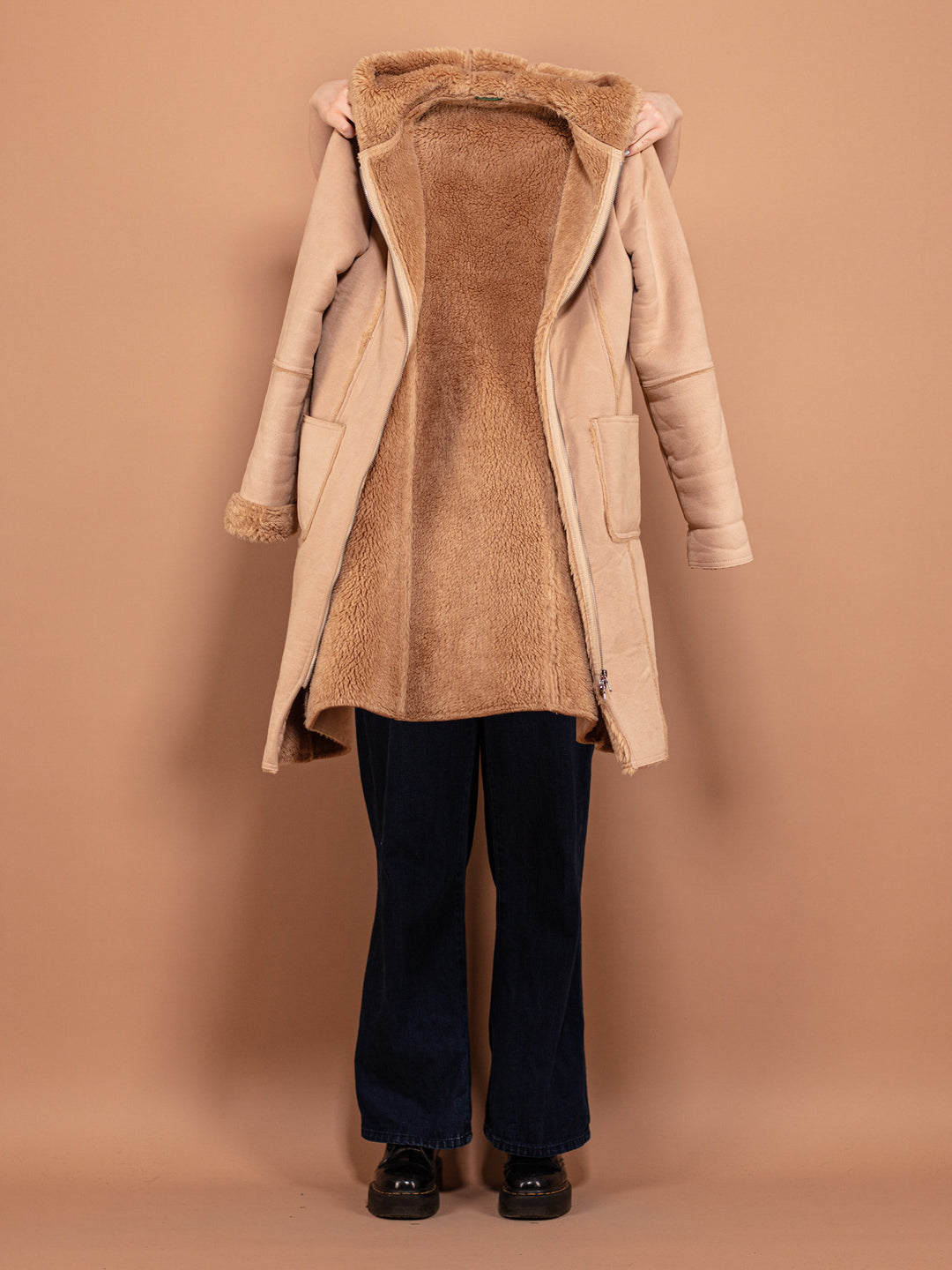 Vintage 00's Women Faux Sheepskin Longline Jacket in Beige - NorthernGrip