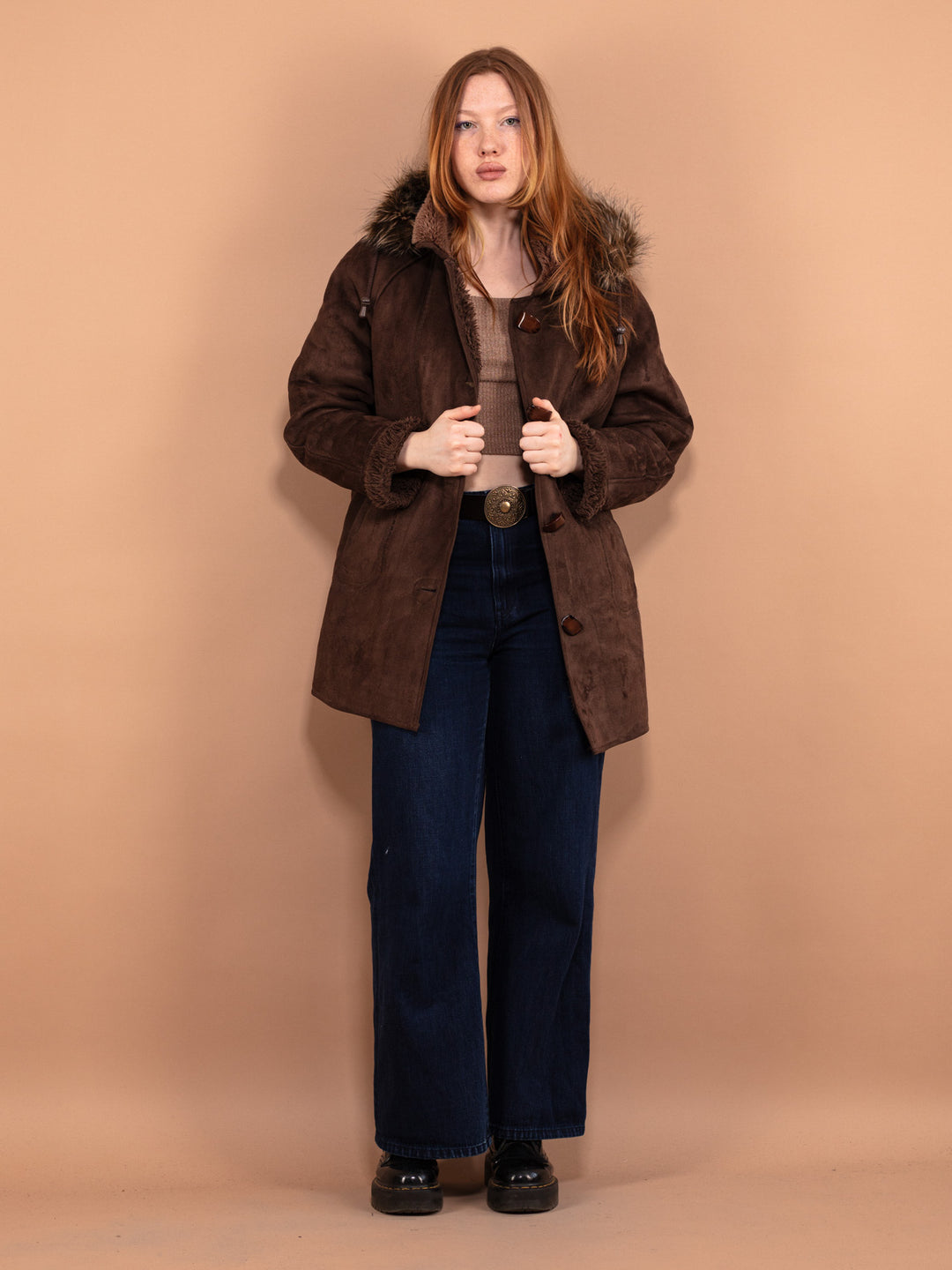 Vintage 00's Women Hooded Faux Sheepskin Coat in Brown - NorthernGrip