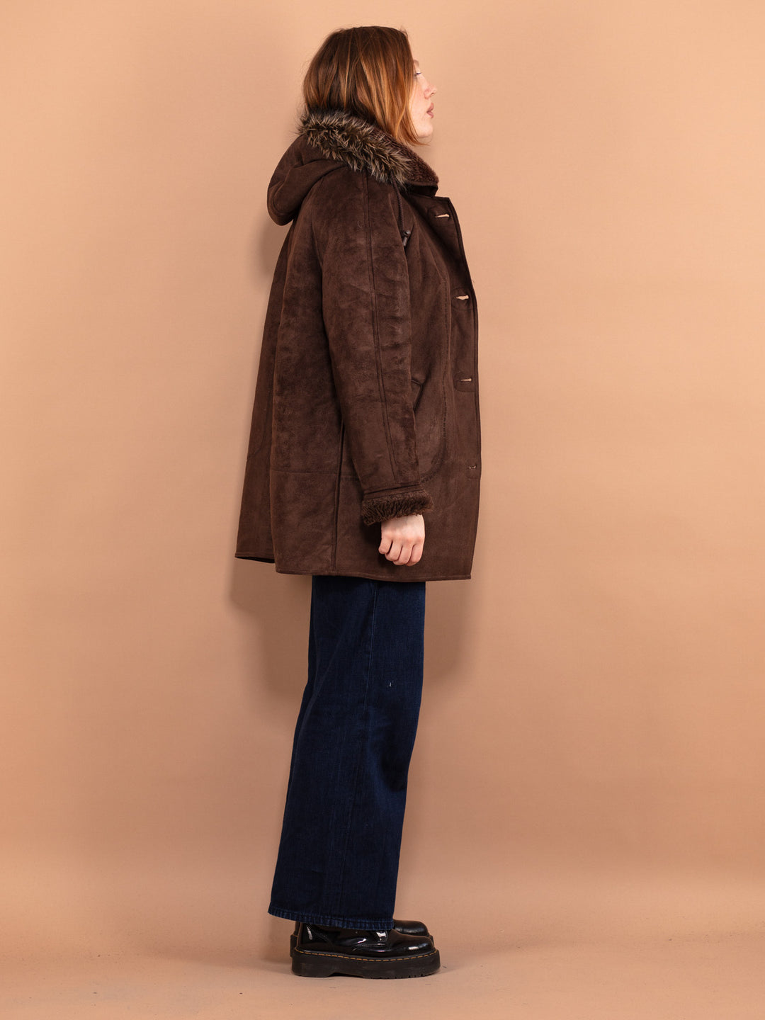 Vintage 00's Women Hooded Faux Sheepskin Coat in Brown - NorthernGrip
