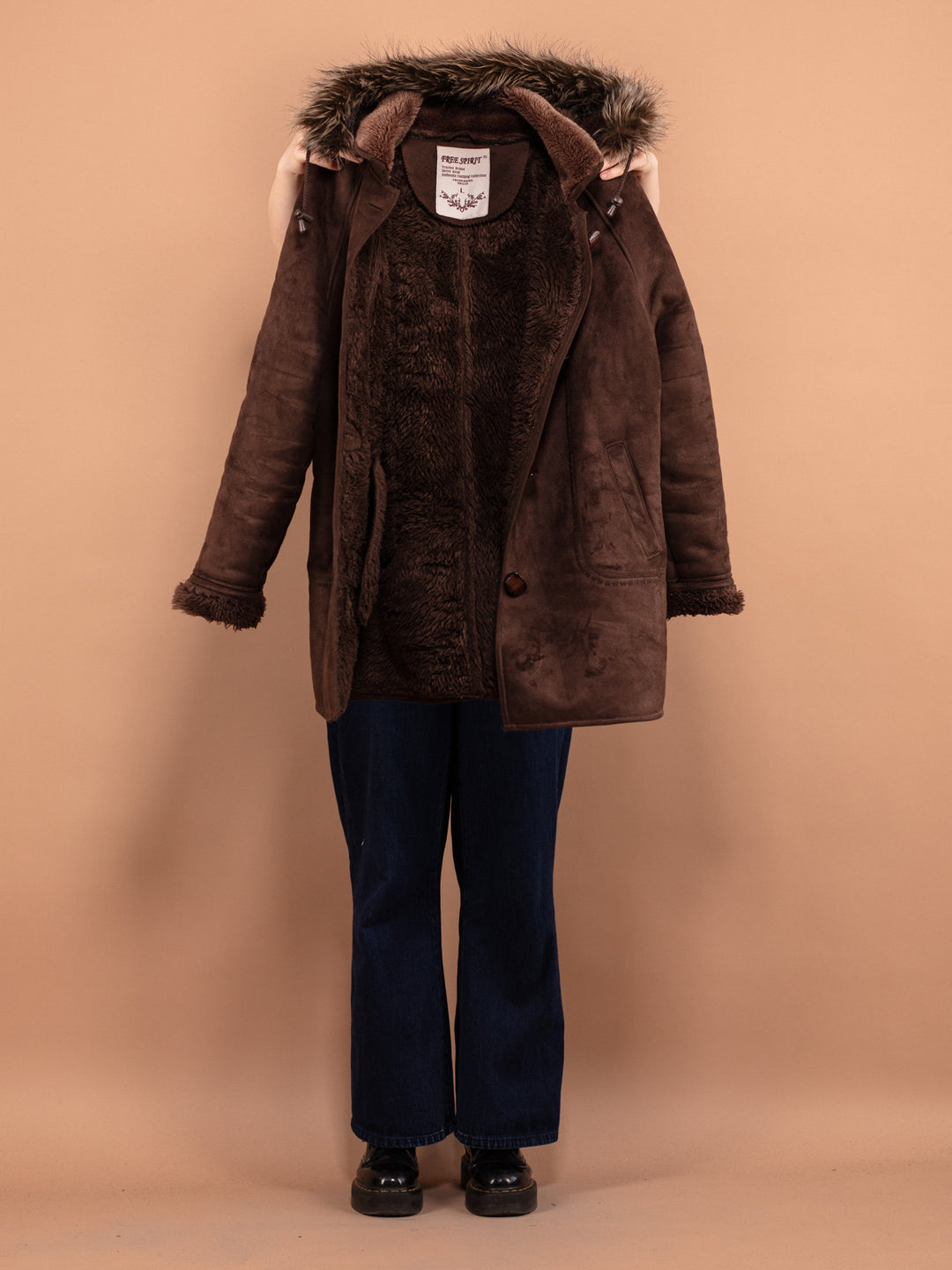 Vintage 00's Women Hooded Faux Sheepskin Coat in Brown - NorthernGrip