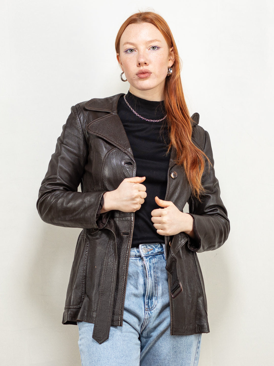 Vintage 70's Women Belted Leather Jacket in Brown - NorthernGrip