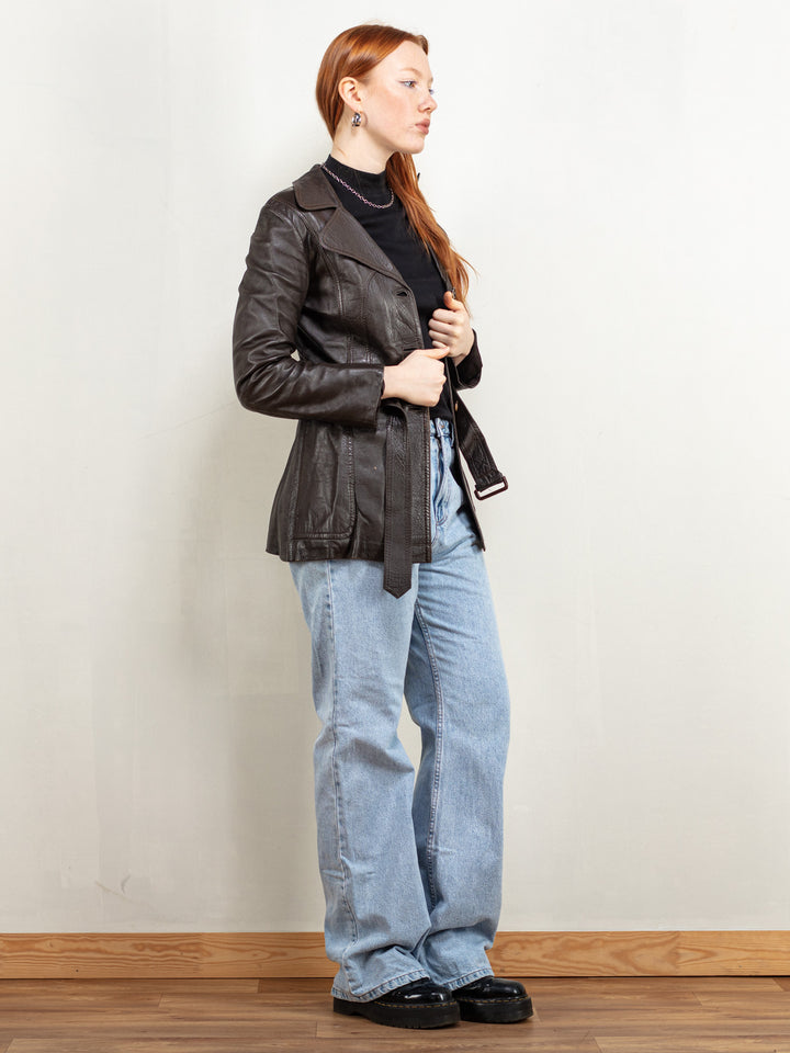 Vintage 70's Women Belted Leather Jacket in Brown - NorthernGrip