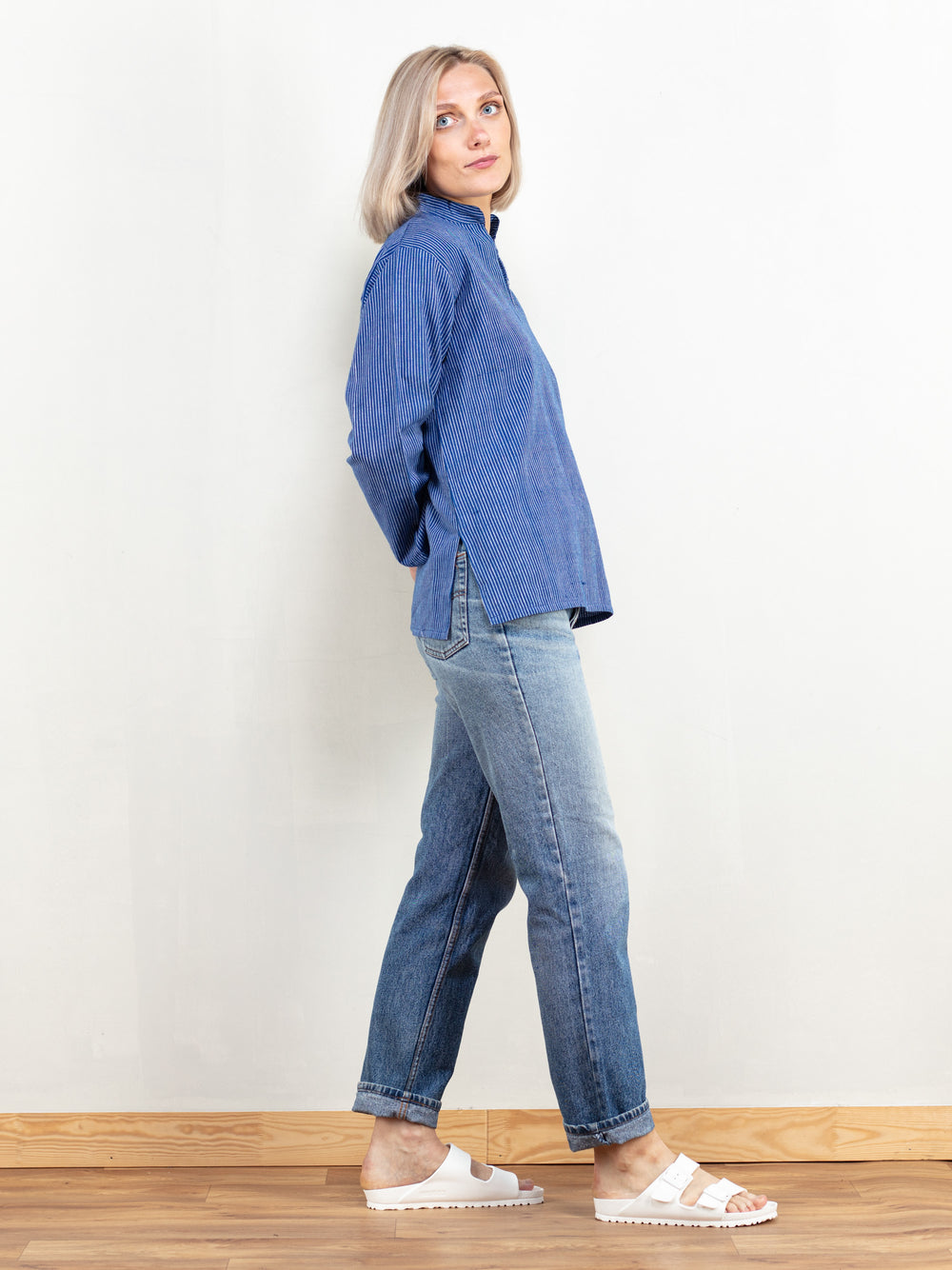 Vintage Women 90's Striped Blue Shirt - NorthernGrip