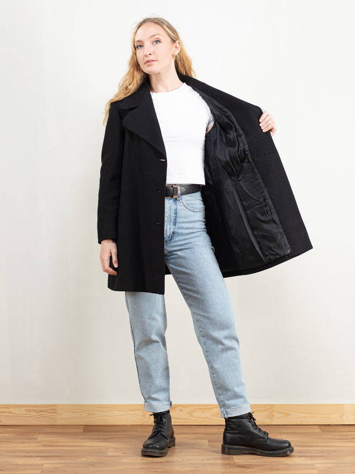 Vintage 80's Women Black Wool Coat - NorthernGrip