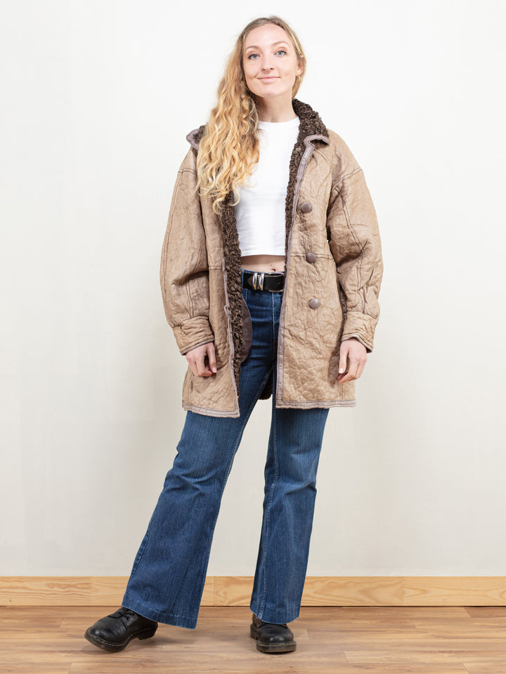 Vintage 80's Women Beige Leather and Fur Coat - NorthernGrip