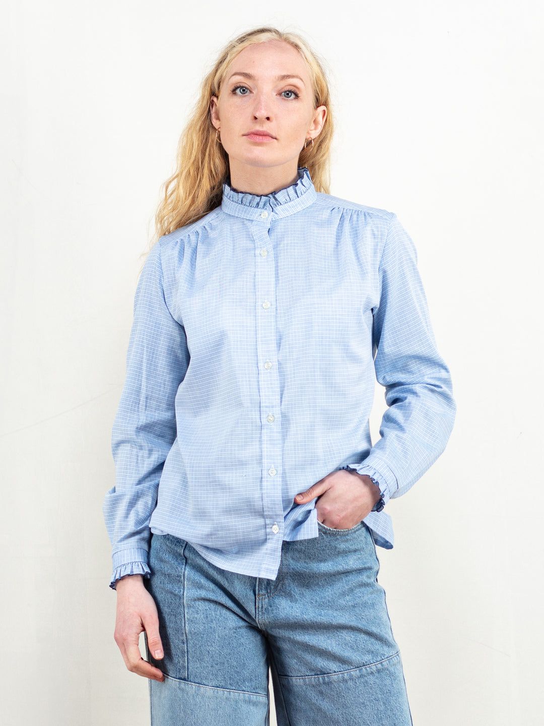 Vintage 70's Women Plaid Ruffle Blouse - NorthernGrip