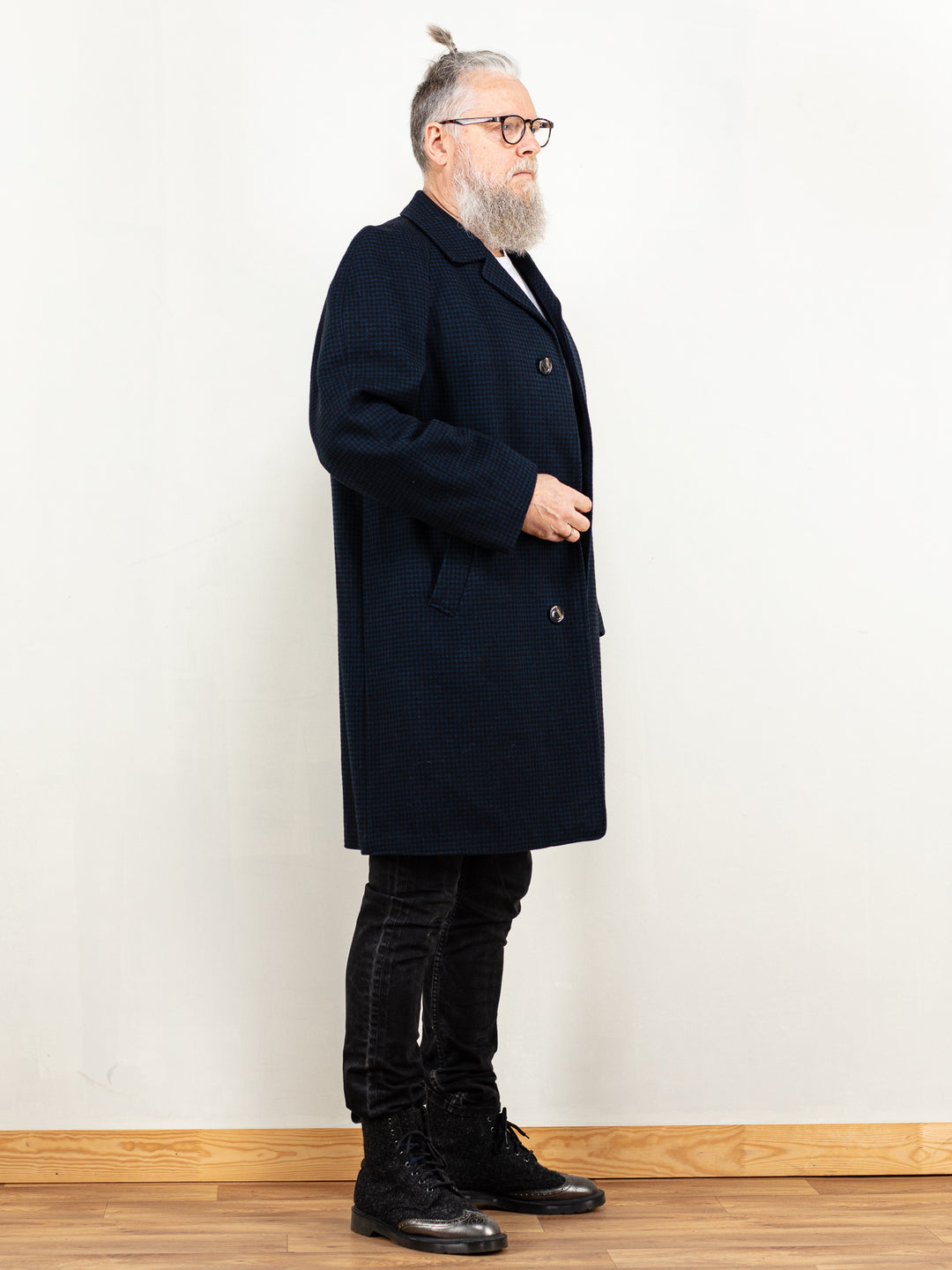 Vintage 80's Men Wool Coat in Dark Blue - NorthernGrip