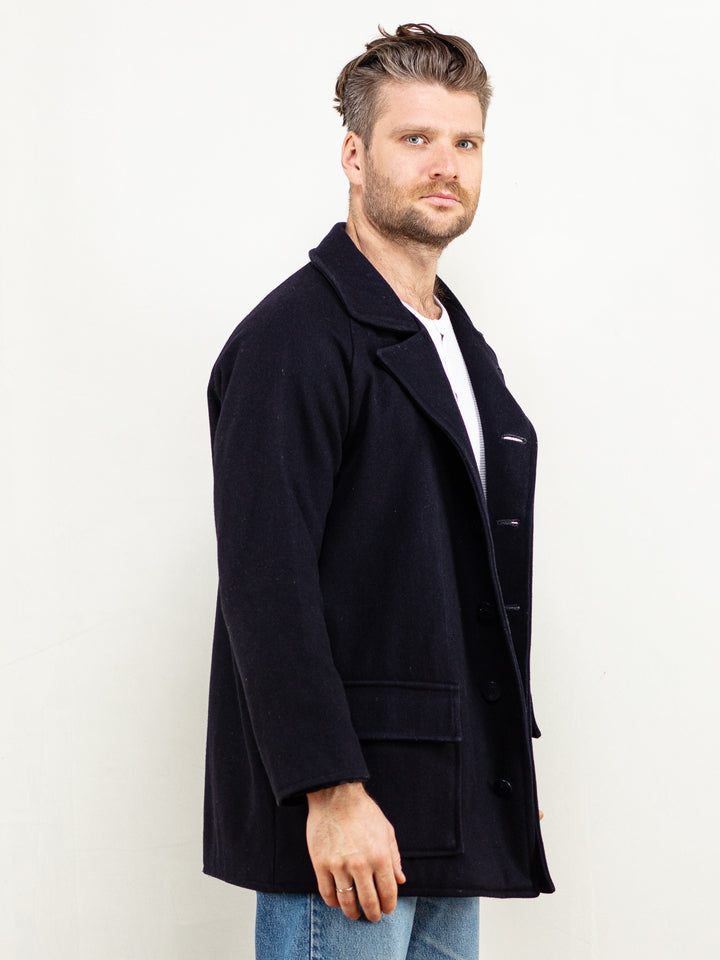 Vintage 70's Men Wool Blend Coat in Navy Blue - NorthernGrip