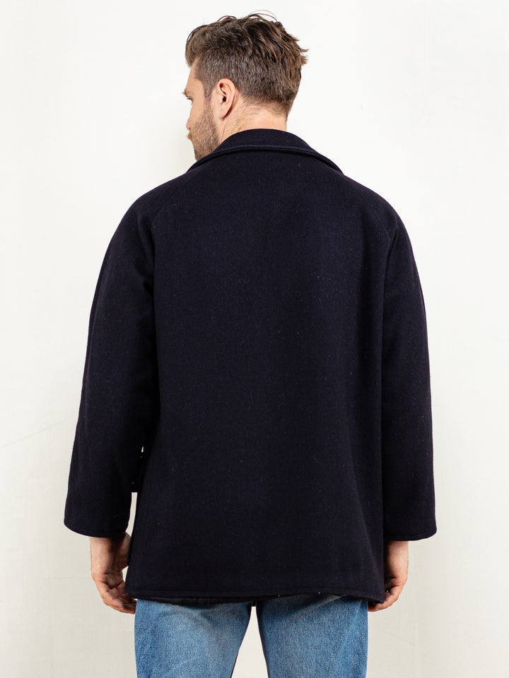 Vintage 70's Men Wool Blend Coat in Navy Blue - NorthernGrip