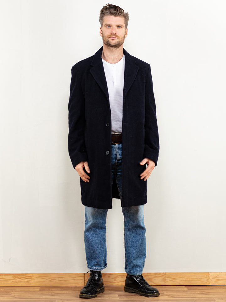 Vintage 80's Men Wool Blend Coat in Navy Blue - NorthernGrip
