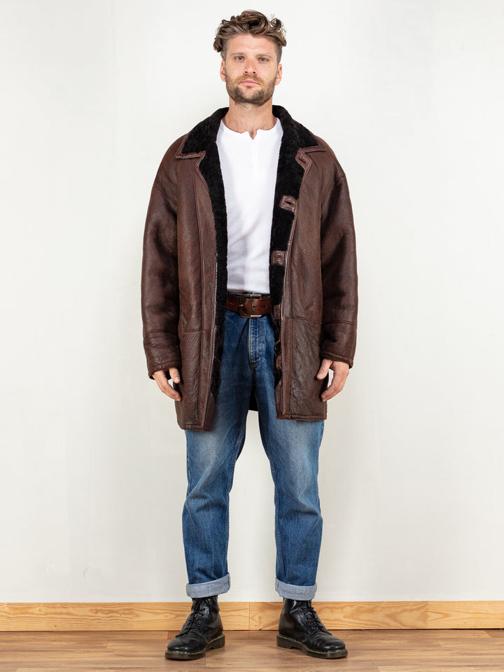 Vintage 80's Men Oversized Sheepskin Coat in Brown - NorthernGrip