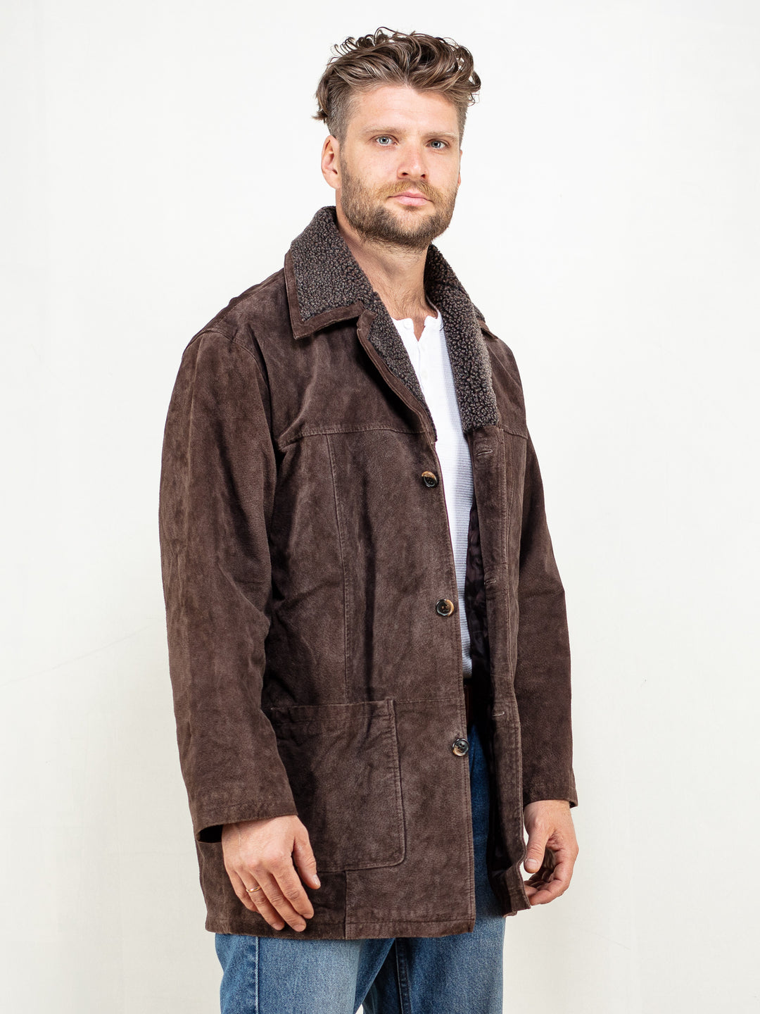 Vintage 90's Men Suede Sherpa Coat In Brown - NorthernGrip