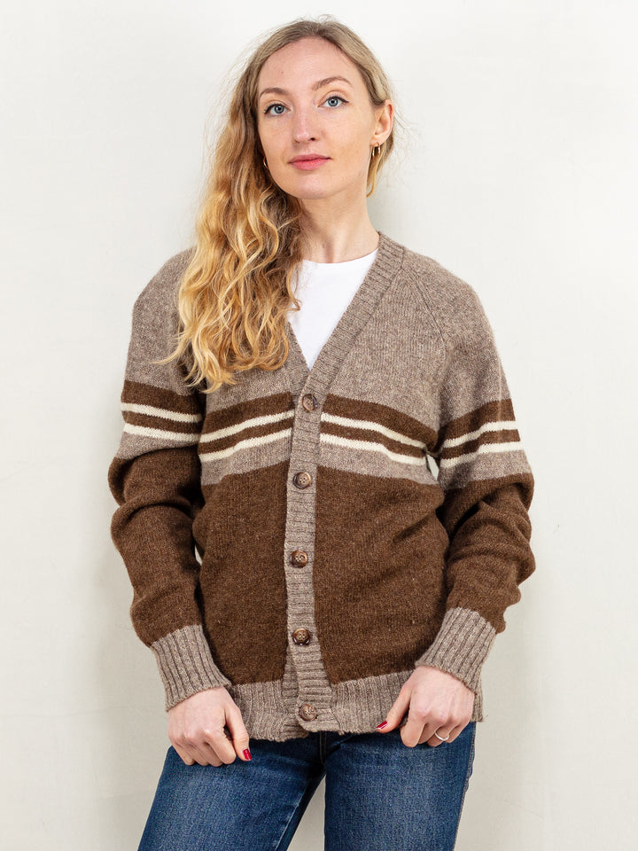 Vintage 70's Women Striped Wool Cardigan in Brown - NorthernGrip