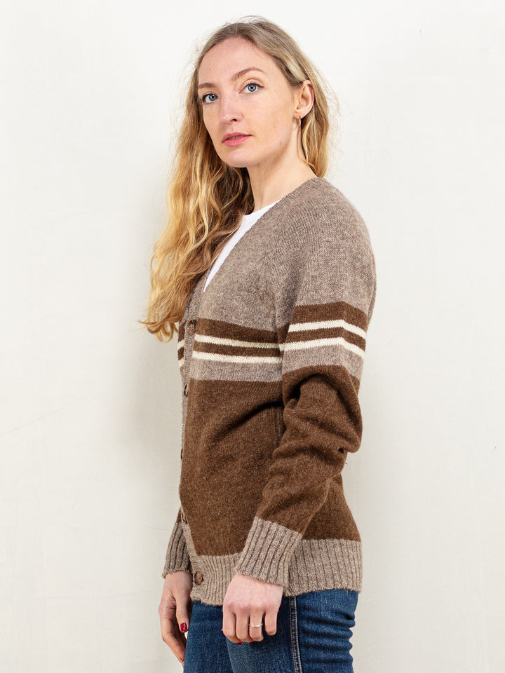Vintage 70's Women Striped Wool Cardigan in Brown - NorthernGrip