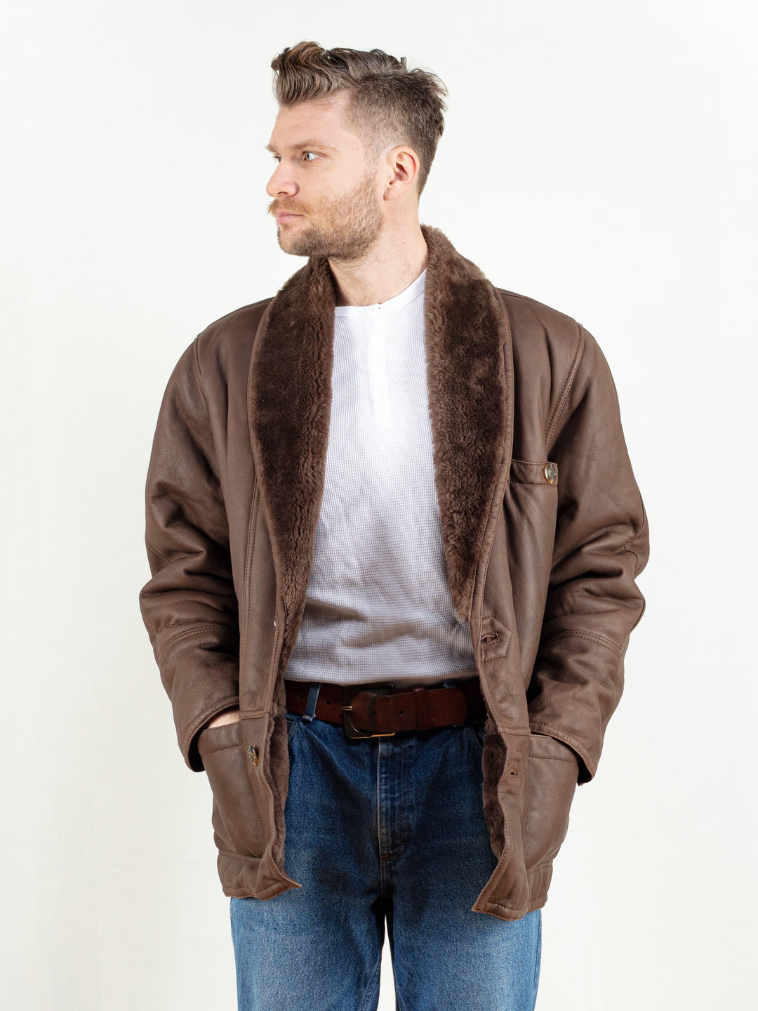 Vintage 70's Men Brown Leather Sheepskin Coat - NorthernGrip