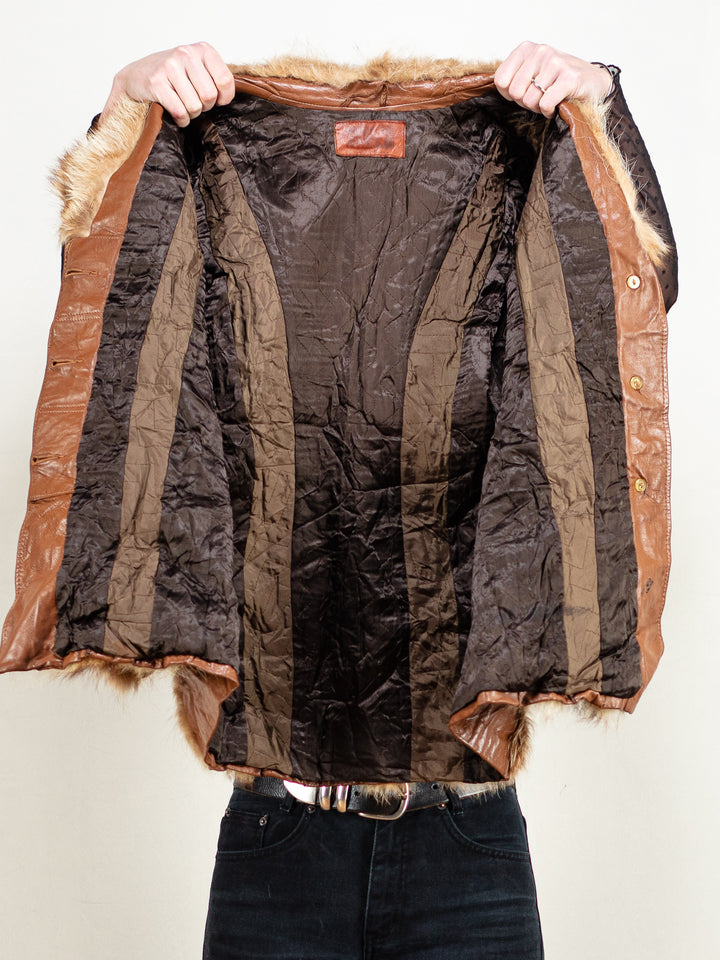 Vintage 80's Women Fox Fur and Leather Coat in Brown - NorthernGrip