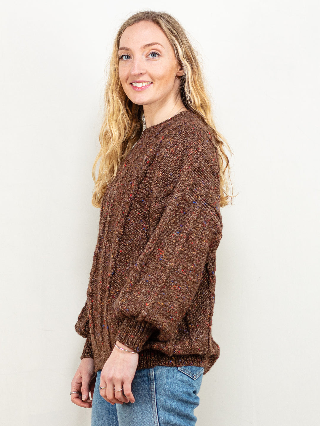 Vintage 80's Women Cable Knit Sweater in Brown - NorthernGrip