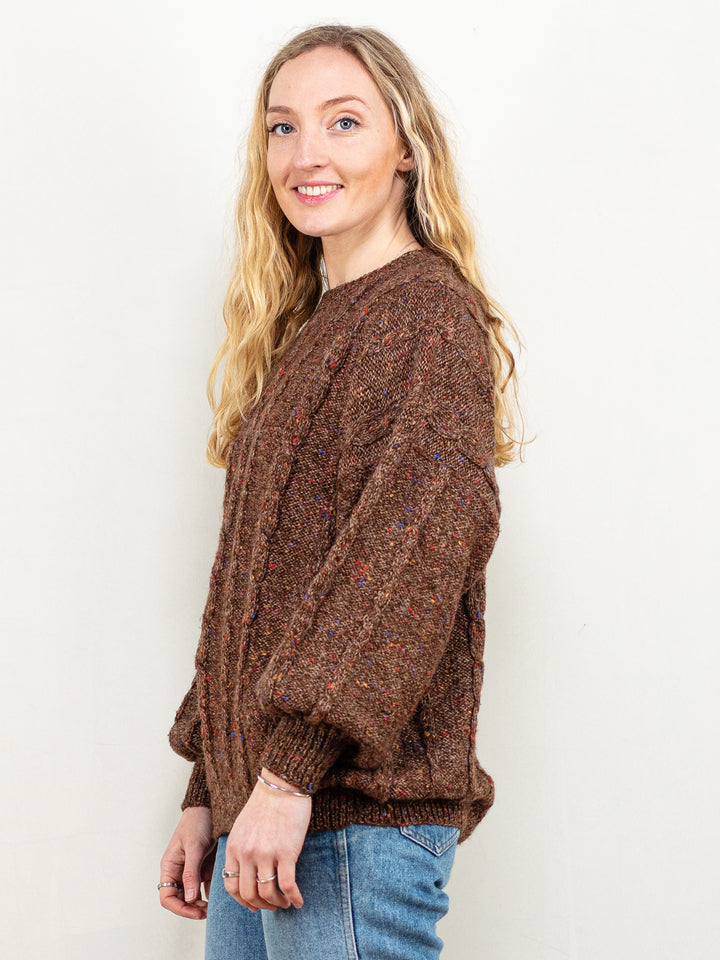 Vintage 80's Women Cable Knit Sweater in Brown - NorthernGrip