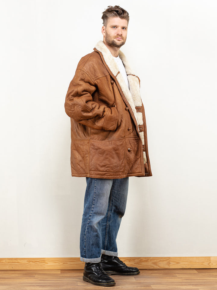 Vintage 80's Men Sheepskin Coat in Brown - NorthernGrip