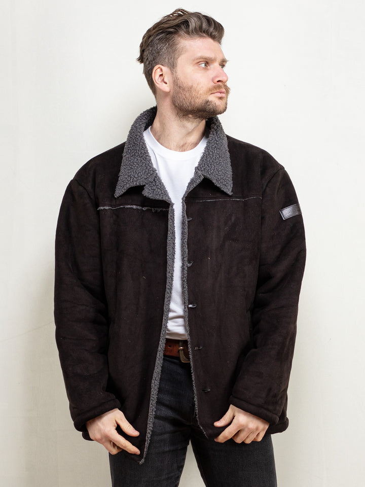 Vintage 90's Men Faux Suede Sherpa Coat in Black - NorthernGrip