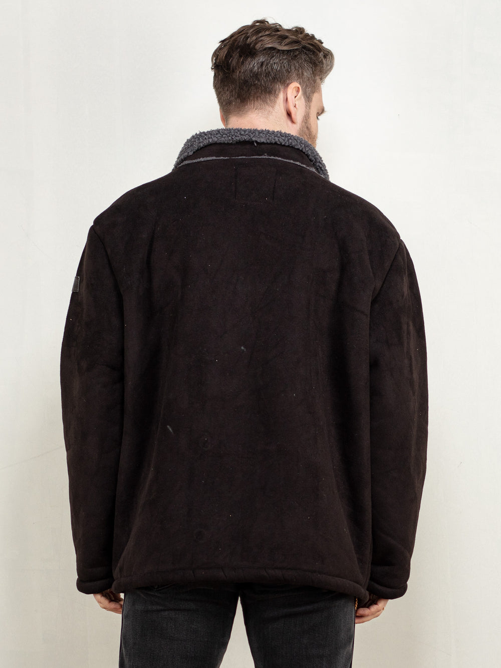 Vintage 90's Men Faux Suede Sherpa Coat in Black - NorthernGrip