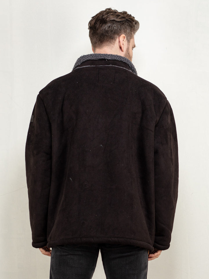 Vintage 90's Men Faux Suede Sherpa Coat in Black - NorthernGrip
