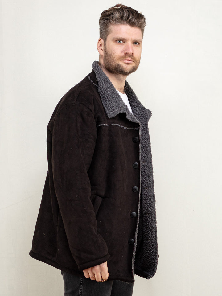 Vintage 90's Men Faux Suede Sherpa Coat in Black - NorthernGrip