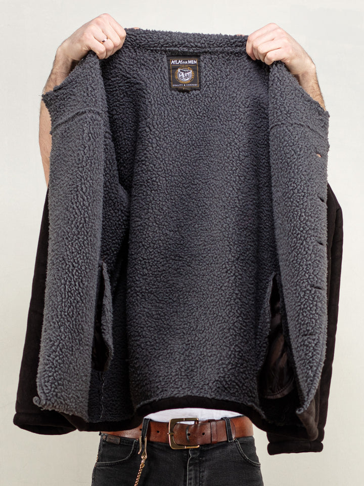 Vintage 90's Men Faux Suede Sherpa Coat in Black - NorthernGrip