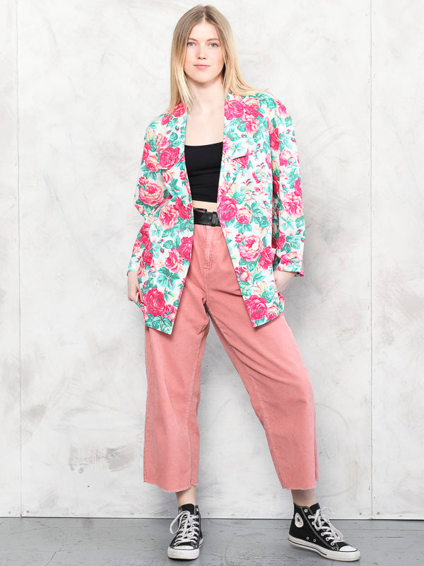 Vintage 80's Women Rose Print Blazer - NorthernGrip