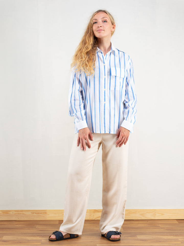 Vintage 80's Striped Women Cotton Shirt - NorthernGrip