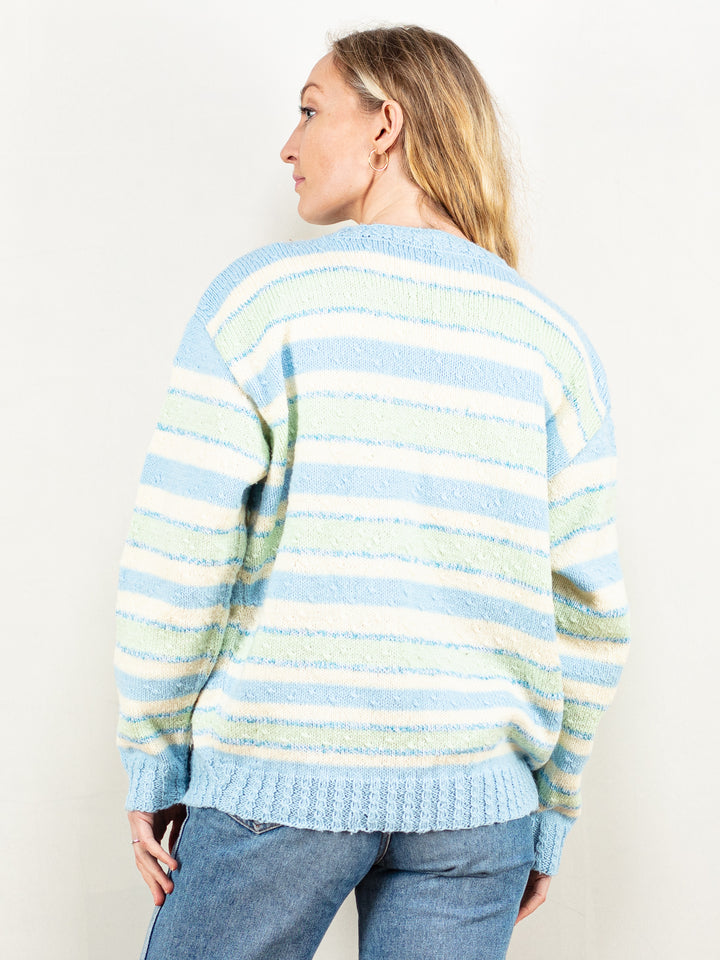 Vintage 80's Women Striped Cardigan in Blue and Green - NorthernGrip