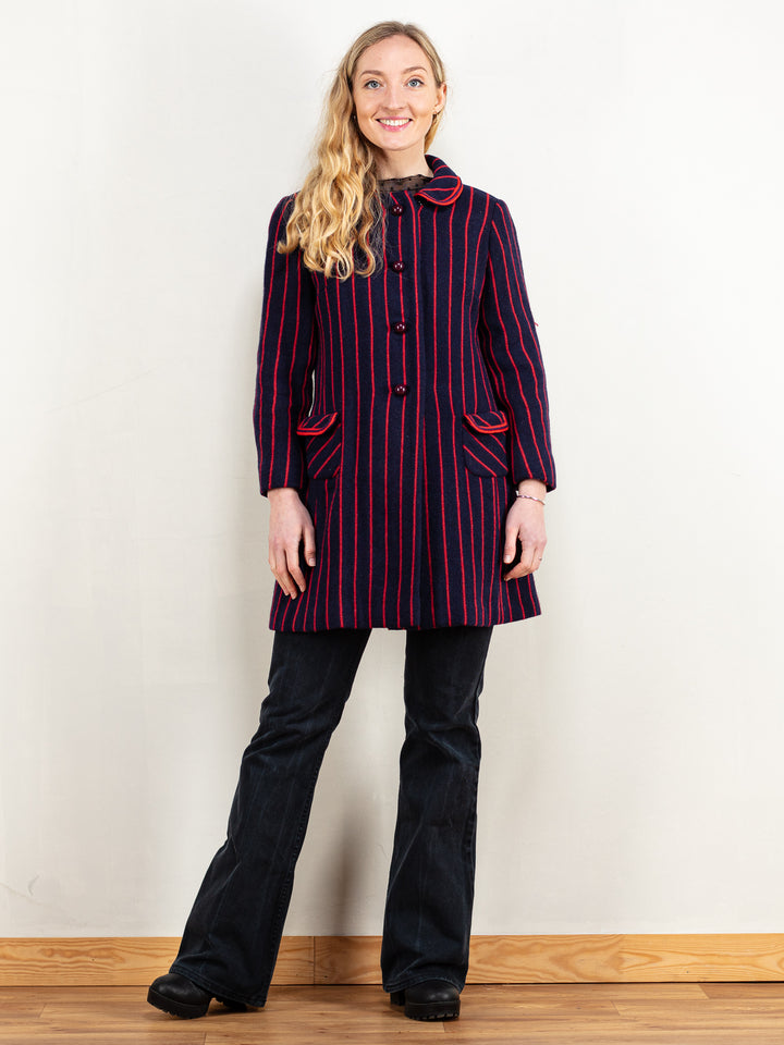 Vintage 60's Women Striped Wool Coat in Blue and Red - NorthernGrip